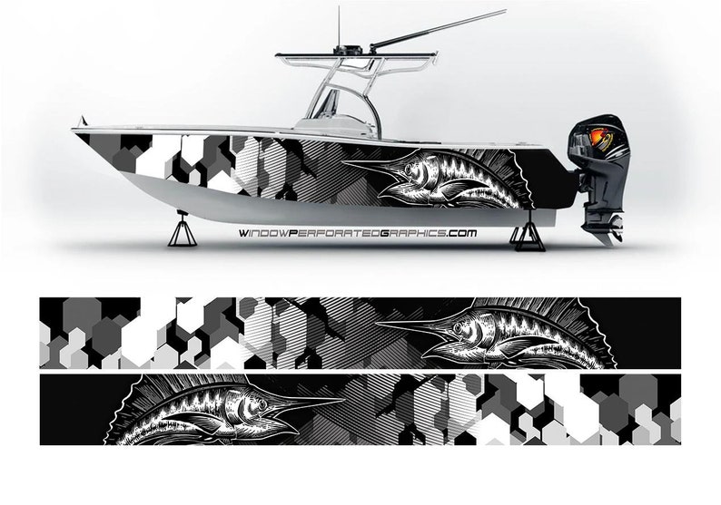 Fishing Boat Trailer - Camo siyah ve beyaz Marlin balık